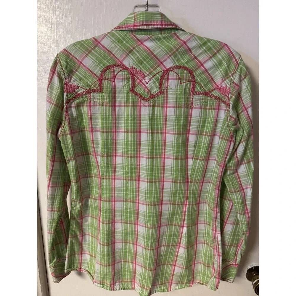 Ariat Brooke Fitted Pearl Snap Long Sleeve Lime Green And Pink Plaid Shirt W/emb